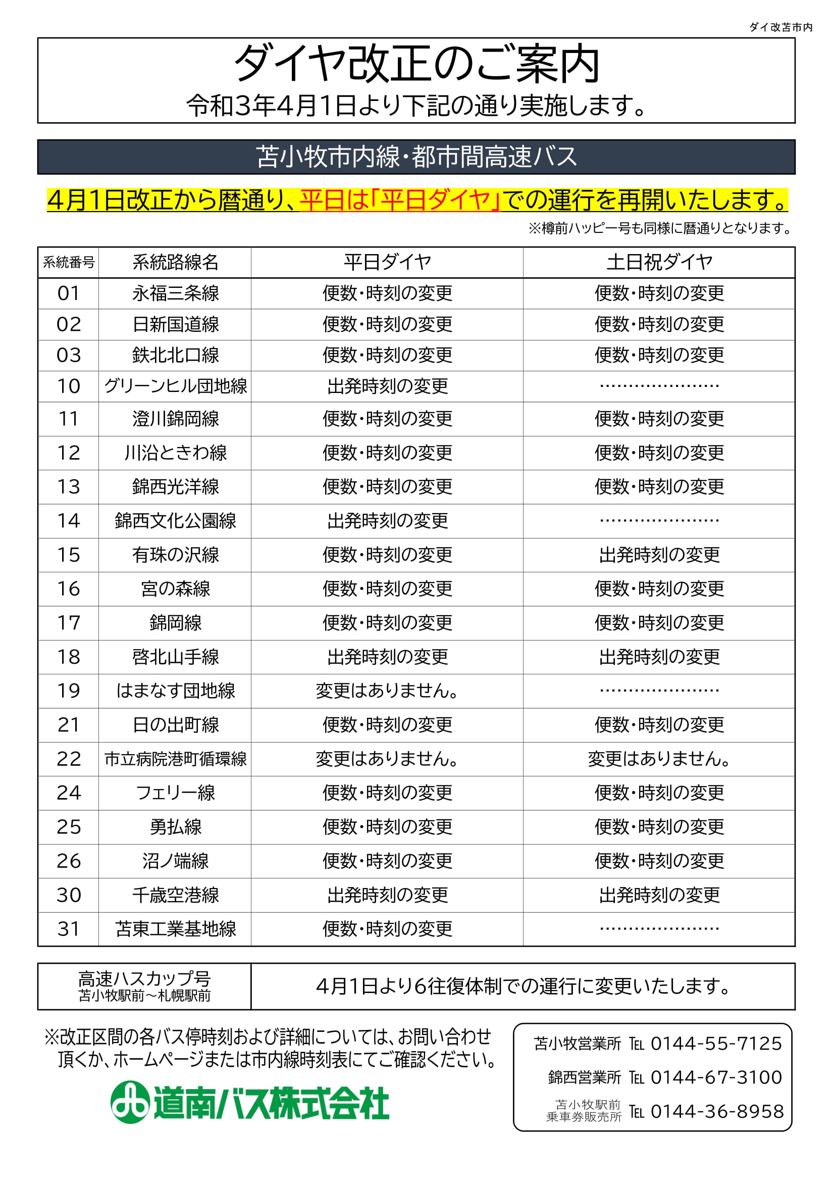 2021年4月1日 苫小牧市内線ダイヤ改正について | 道南バス株式会社